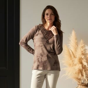 Tribal Women Tie Dye Beaded V Neck Long Sleeve Ribbed Tunic‎ Top M